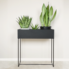 Lade das Bild in den Galerie-Viewer, Schwarze Plantbox (Pflanzenbox) aus Holz mit feinen, schwarzen Metallbeinen. Plantbox hat ein einzigartiges eingefrästes Muster.
